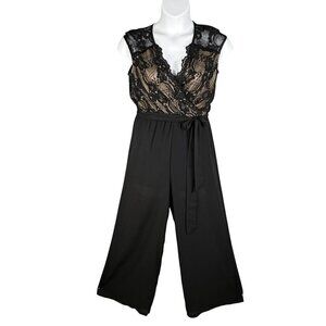 Worthington Womens S Black Lace Bodice Cap Sleeve Wide Leg Jumpsuit Stretchy